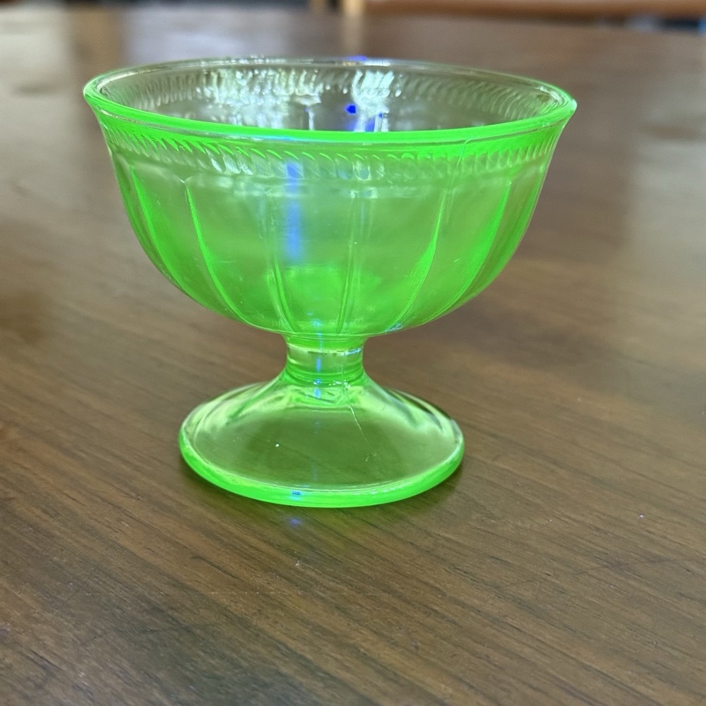 Uranium Glass Green Depression Era Footed Dessert Cups Vaseline Glass Vintage